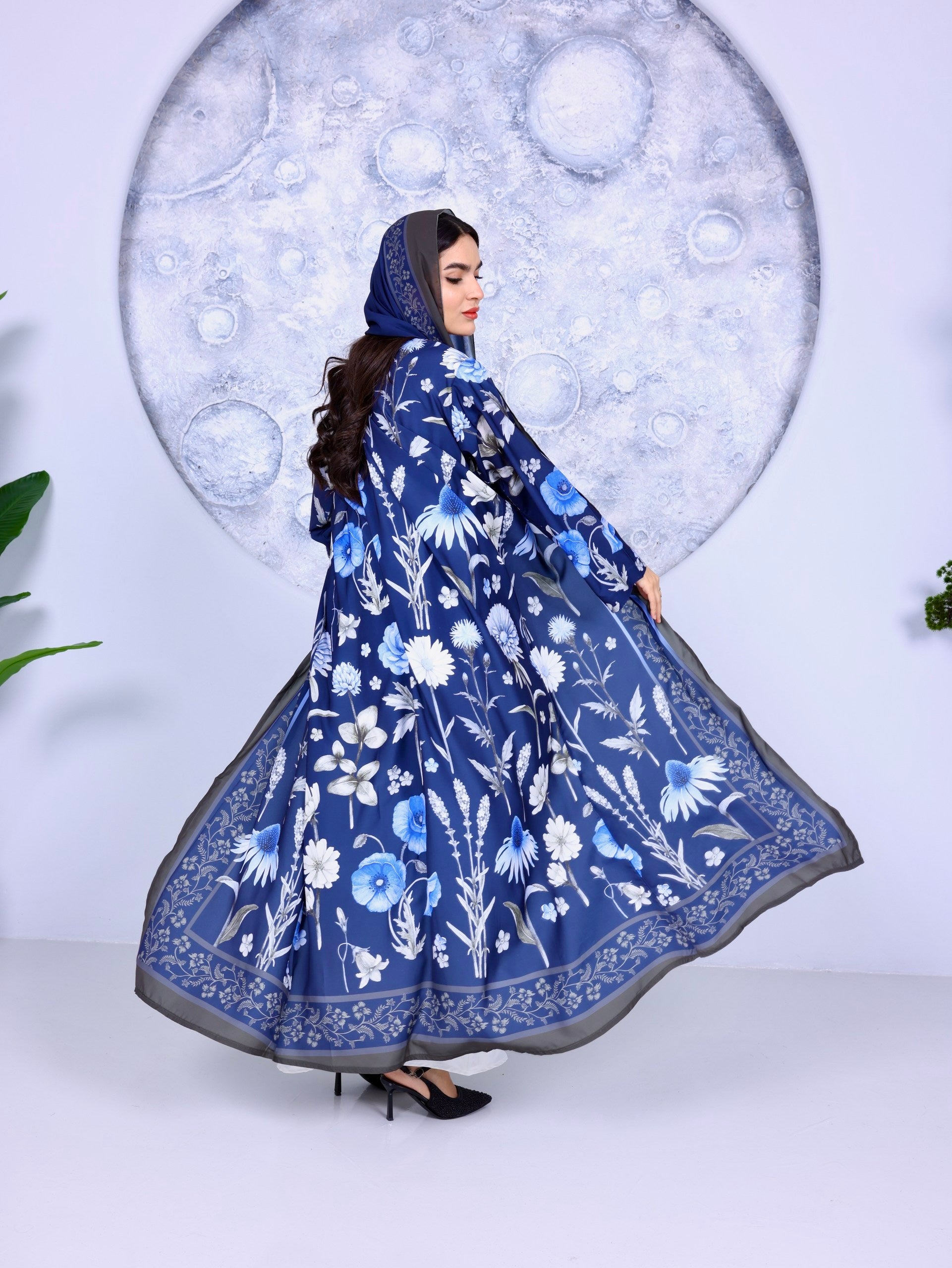 Navy Bloom Printed Abaya