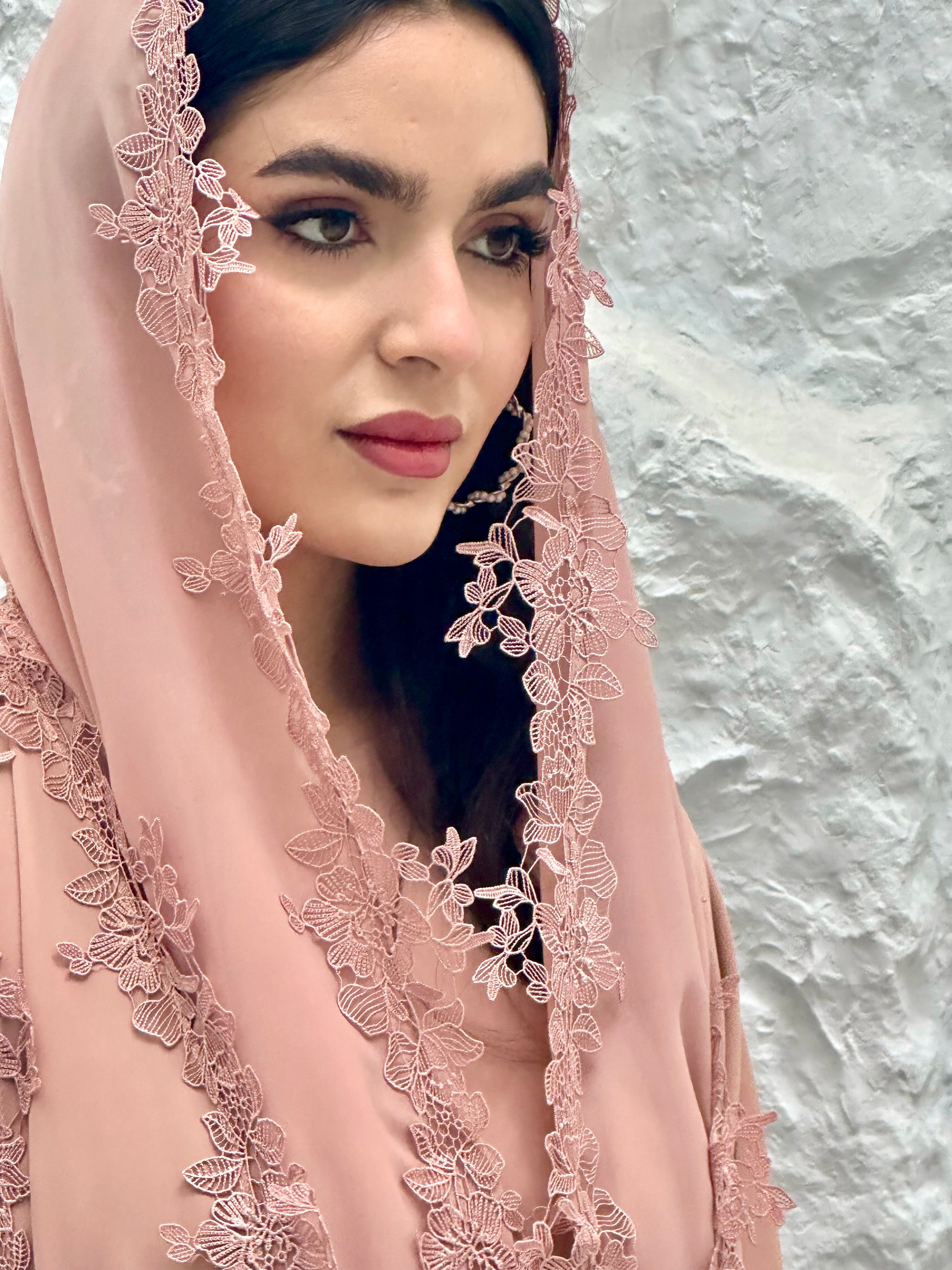 Elegant Lace Abaya in Dusty Pink