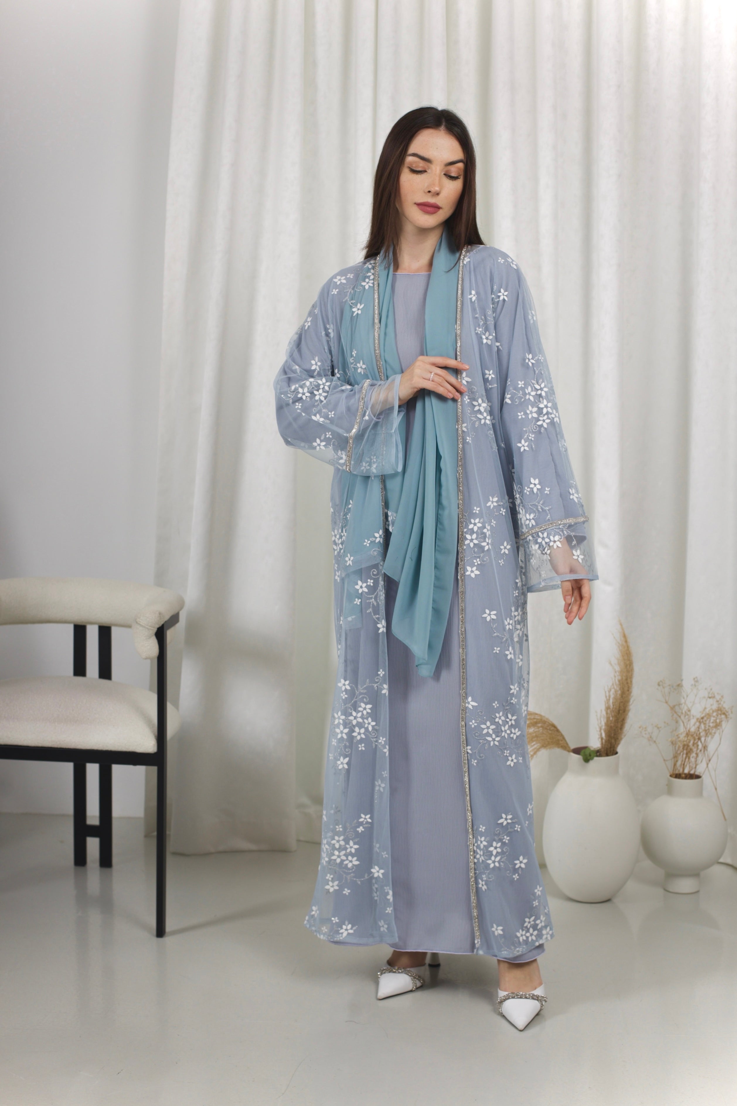 Sky Blue Embellished Net Abaya
