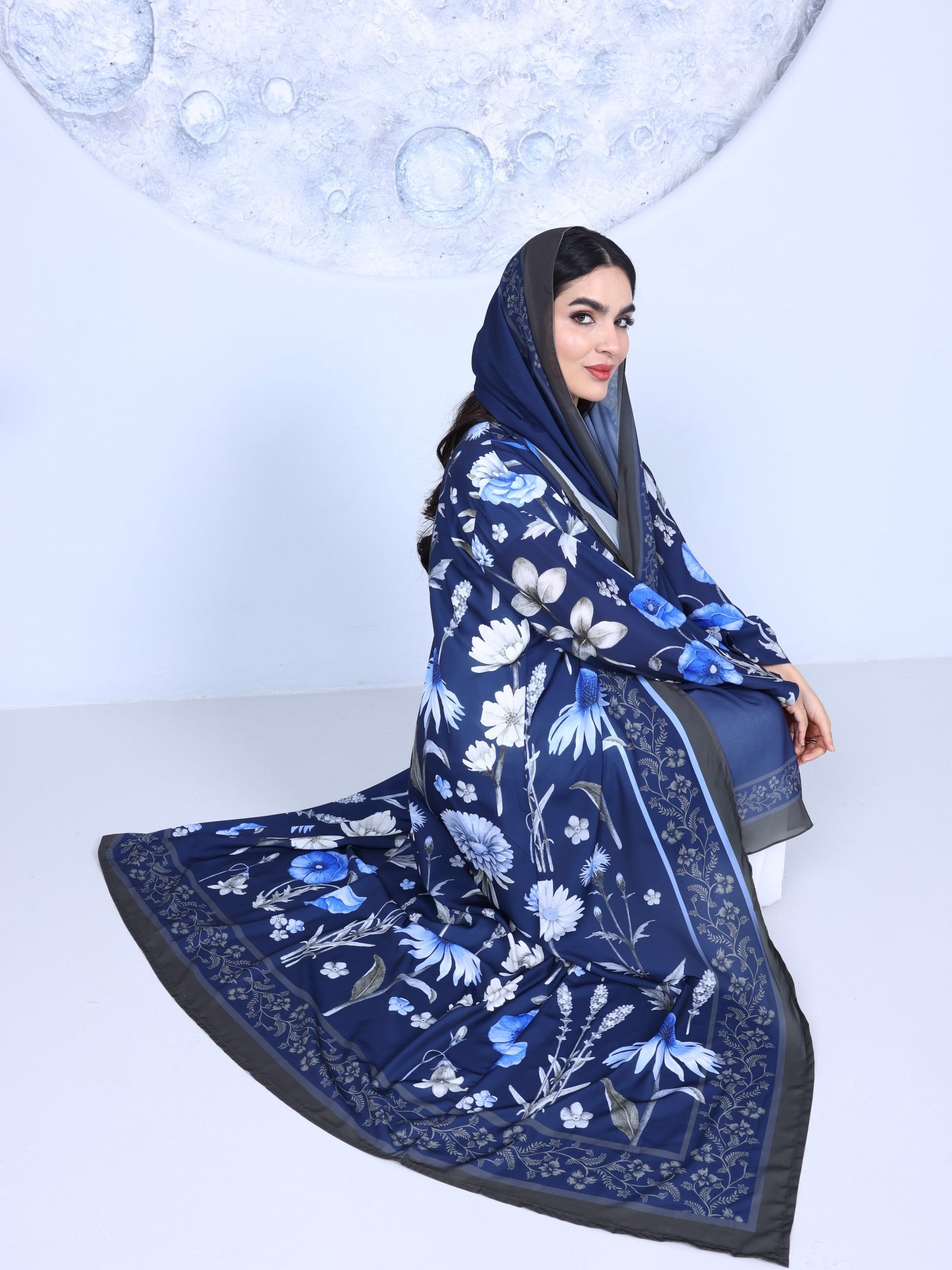Navy Bloom Printed Abaya