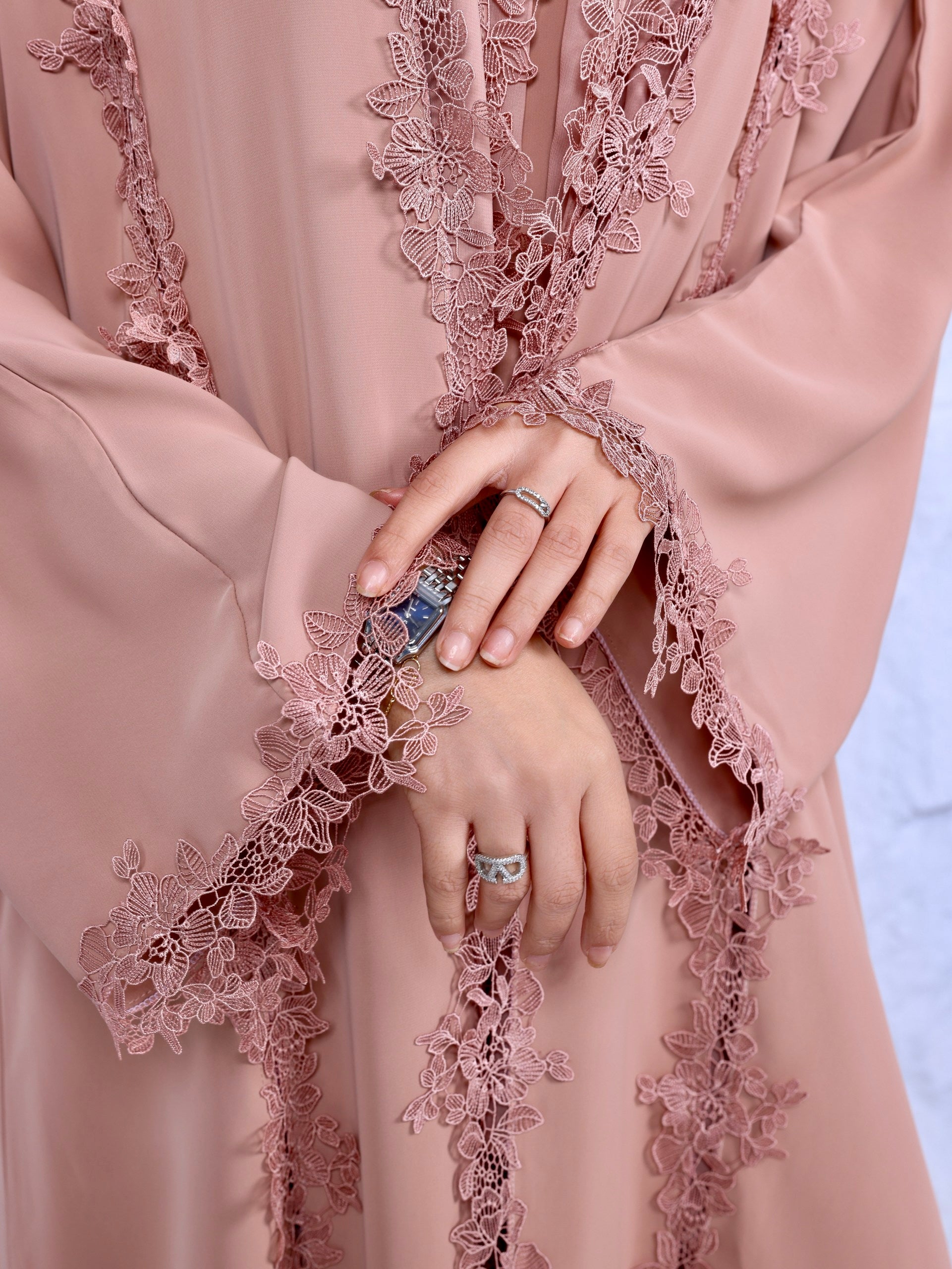 Elegant Lace Abaya in Dusty Pink