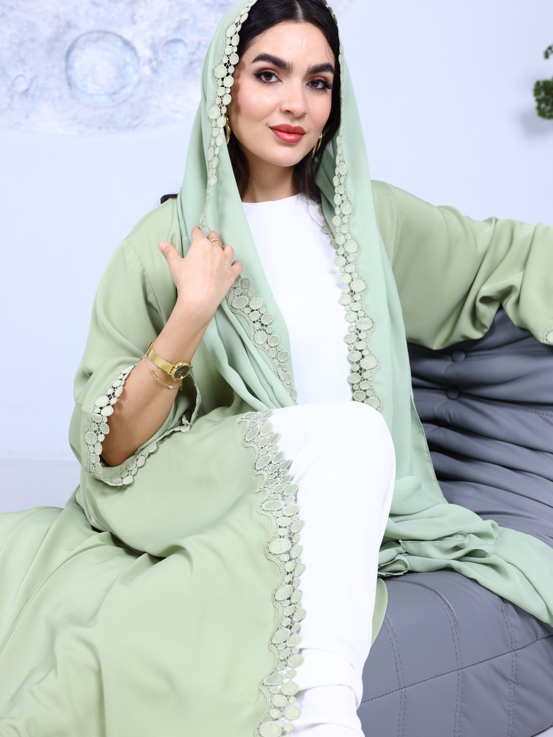 Lace Abaya in matcha Green