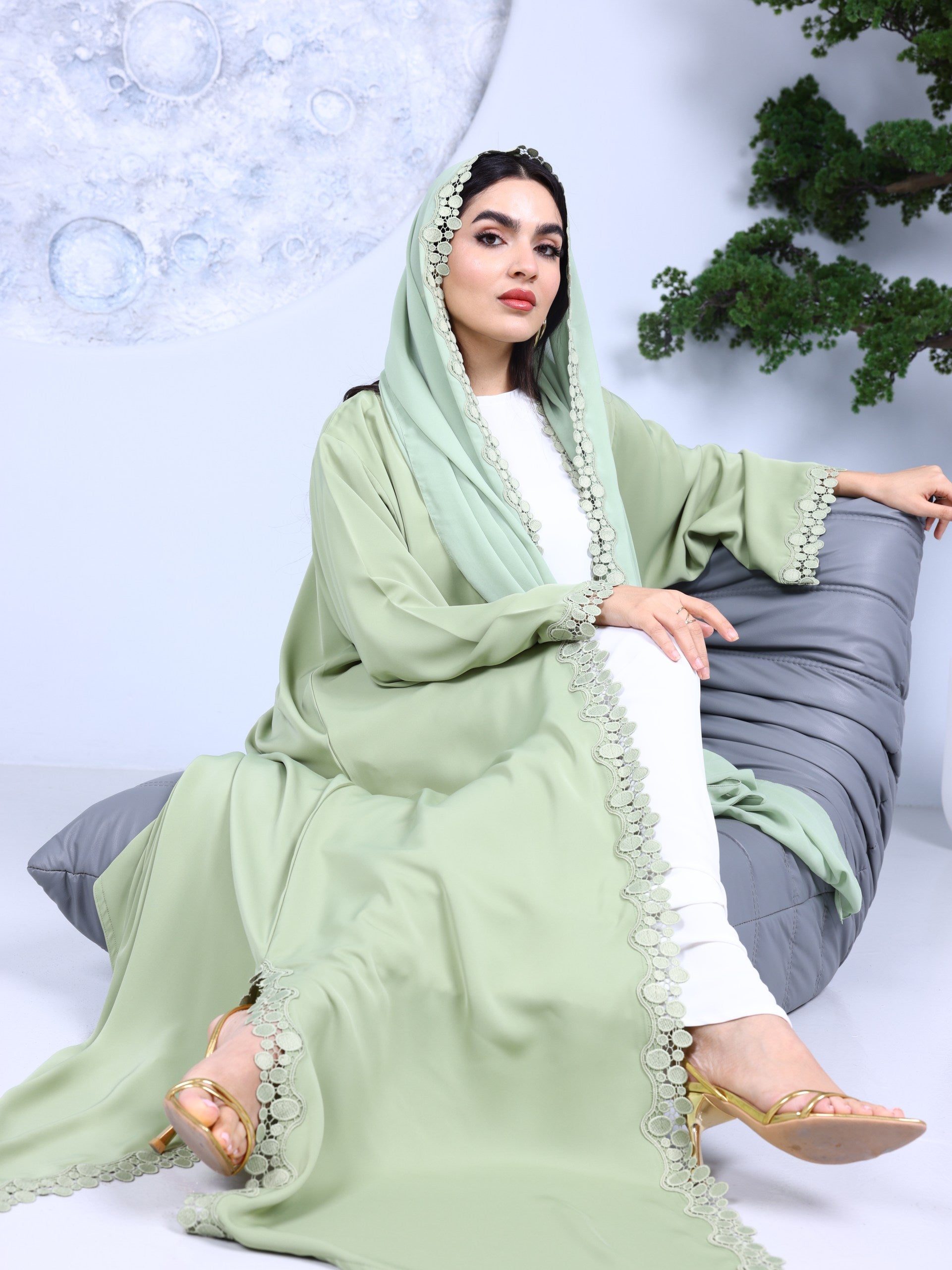 Lace Abaya in matcha Green
