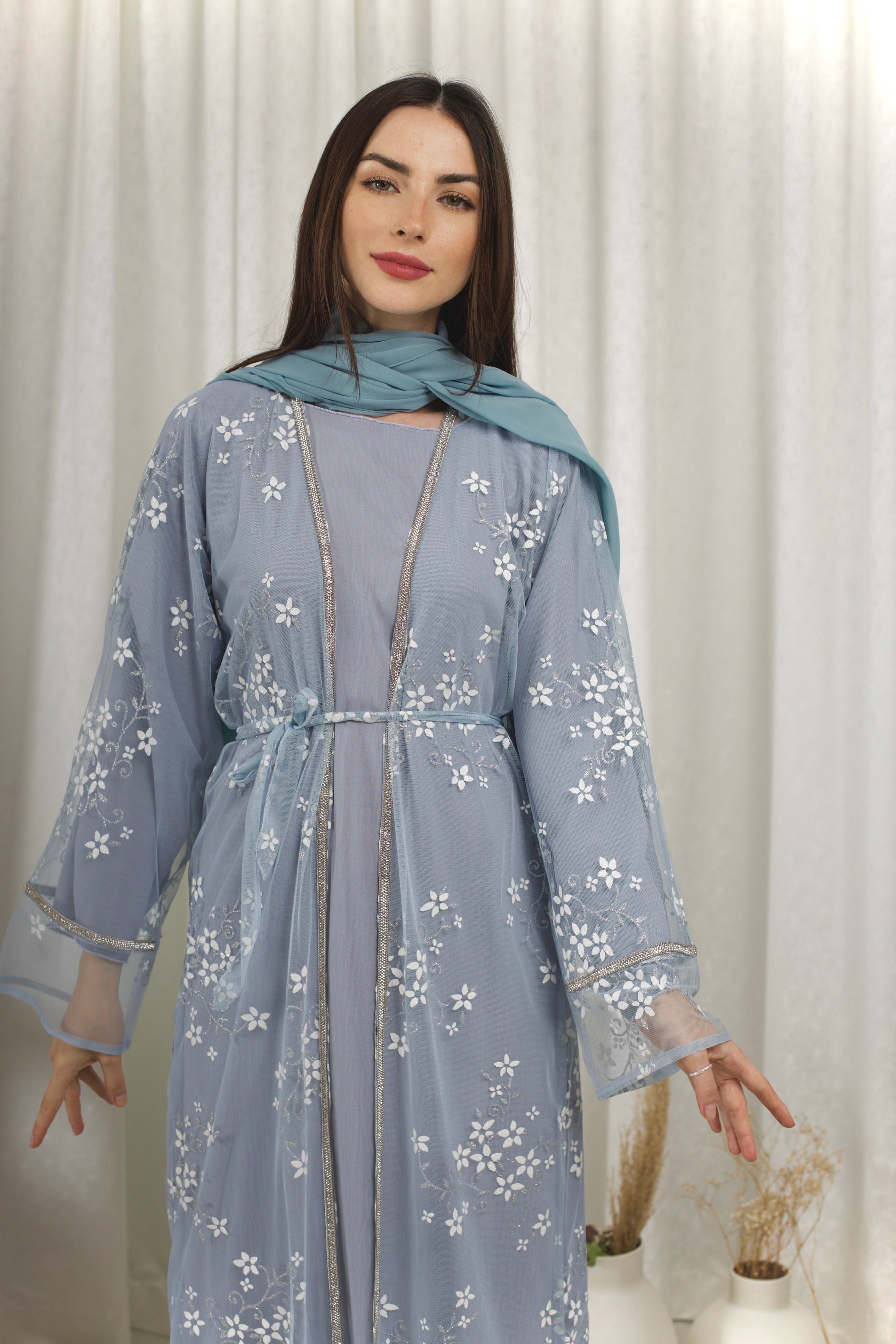 Sky Blue Embellished Net Abaya